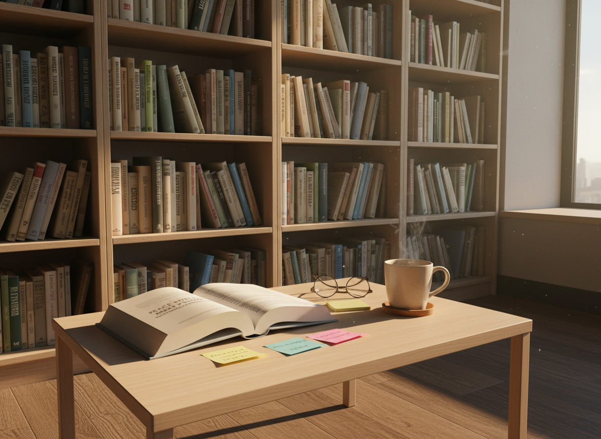 A peaceful reading corner in an office of a non-profit, featuring a low, light-wood table with a single open book discussing peace ethics and international law. Around the book lie colored sticky notes, a pair of simple reading glasses, and a ceramic cup of herbal tea on a cork coaster. Behind the table, a tall bookshelf is filled with neatly arranged volumes on pacifism, human rights, and conscientious objection, their spines in subdued earth tones and blues. Warm late-afternoon light filters in from the right, casting long, soft shadows and creating a contemplative atmosphere. Photographed at a slightly low angle with moderate depth of field, the photographic realism and calm, professional setting suggest thoughtful, in-depth counseling work.