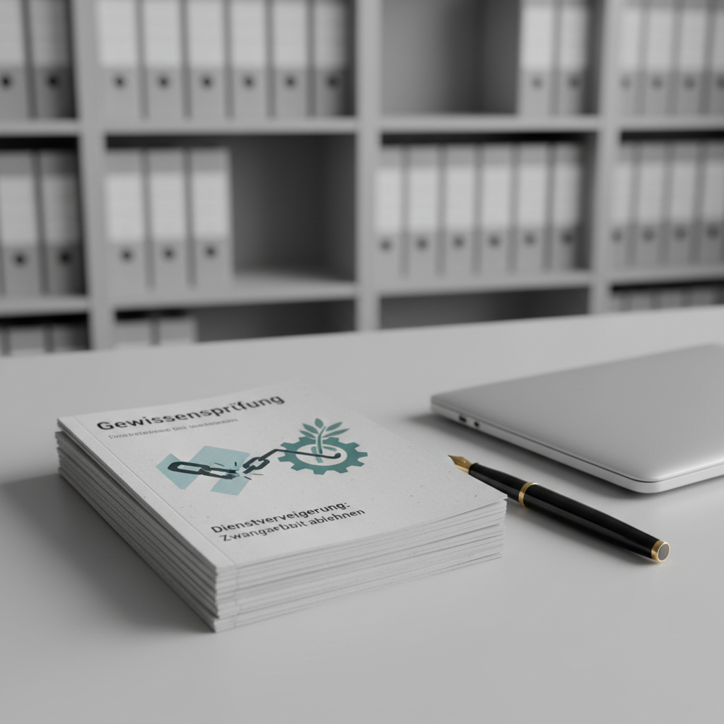 A close-up of a neatly stacked set of informational booklets about conscientious objection and refusal of forced labor, printed in German with clear, modern typography on matte recycled paper. The covers show symbolic, abstract illustrations of broken chains and an olive branch, rendered in muted blues and greens. The stack rests on a tidy, light grey desk beside a simple, closed laptop and a black fountain pen. Soft studio lighting from the left creates gentle highlights on the paper edges and a clean, professional atmosphere. Captured from a slightly elevated angle with shallow depth of field, the background fades into a subtle blur of shelves with orderly binders, conveying structure, reliability, and focused consultation in a photographic realism style.