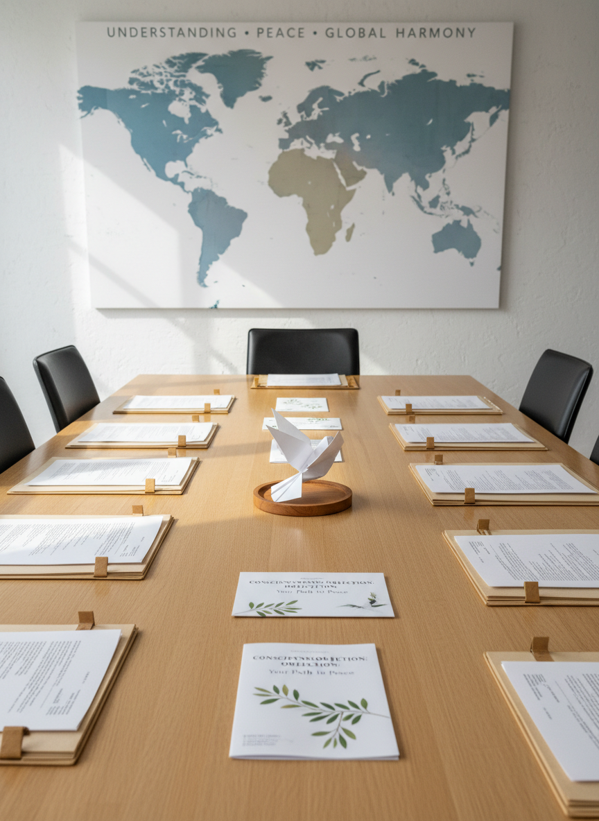 A meticulously arranged wooden conference table with smooth, light oak grain, covered with open legal folders, printed brochures about conscientious objection, and a prominently placed white dove origami sculpture at the center. On the wall behind, a large, clean world map in muted blues and greys emphasizes international understanding and peace. Soft, diffused daylight enters from an unseen window, creating gentle reflections on the table surface and subtle shadows between the papers. Photographed at eye level with a slightly wide angle and sharp focus throughout, the mood is professional, calm, and hopeful. The photographic realism and minimalist composition underline the seriousness of antimilitarist counseling while remaining inviting and trustworthy.