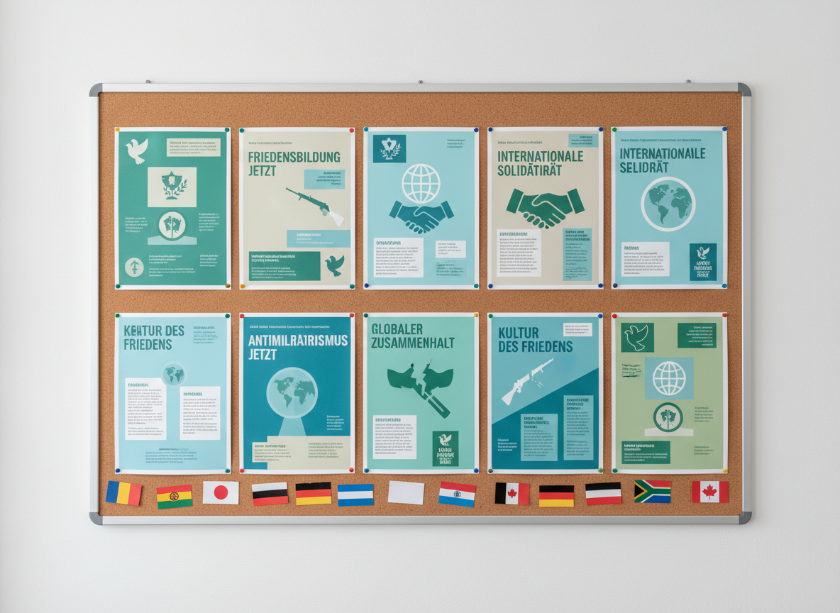 An orderly bulletin board made of natural cork, mounted on a white wall, covered with carefully pinned posters and leaflets about peace education, antimilitarism, and international solidarity, all in German. The layouts use calm blue and green color palettes, clear icons, and structured text blocks. Small flags of various nations made of paper are pinned along the bottom edge, symbolizing international understanding. Soft overcast light from a nearby window bathes the scene, minimizing harsh shadows and giving everything a gentle clarity. Shot straight-on with a centered composition and sharp focus, the photographic image feels informative, neutral, and approachable, ideal for a non-profit’s information area.